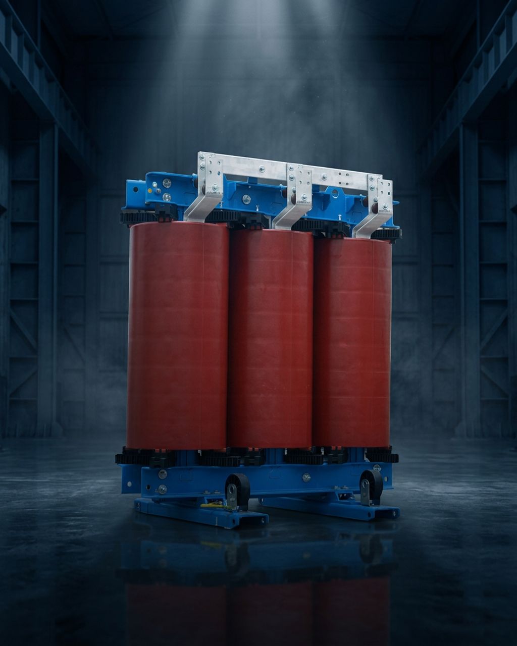 Cast resin dry type transformer with red coils on a navy studio background