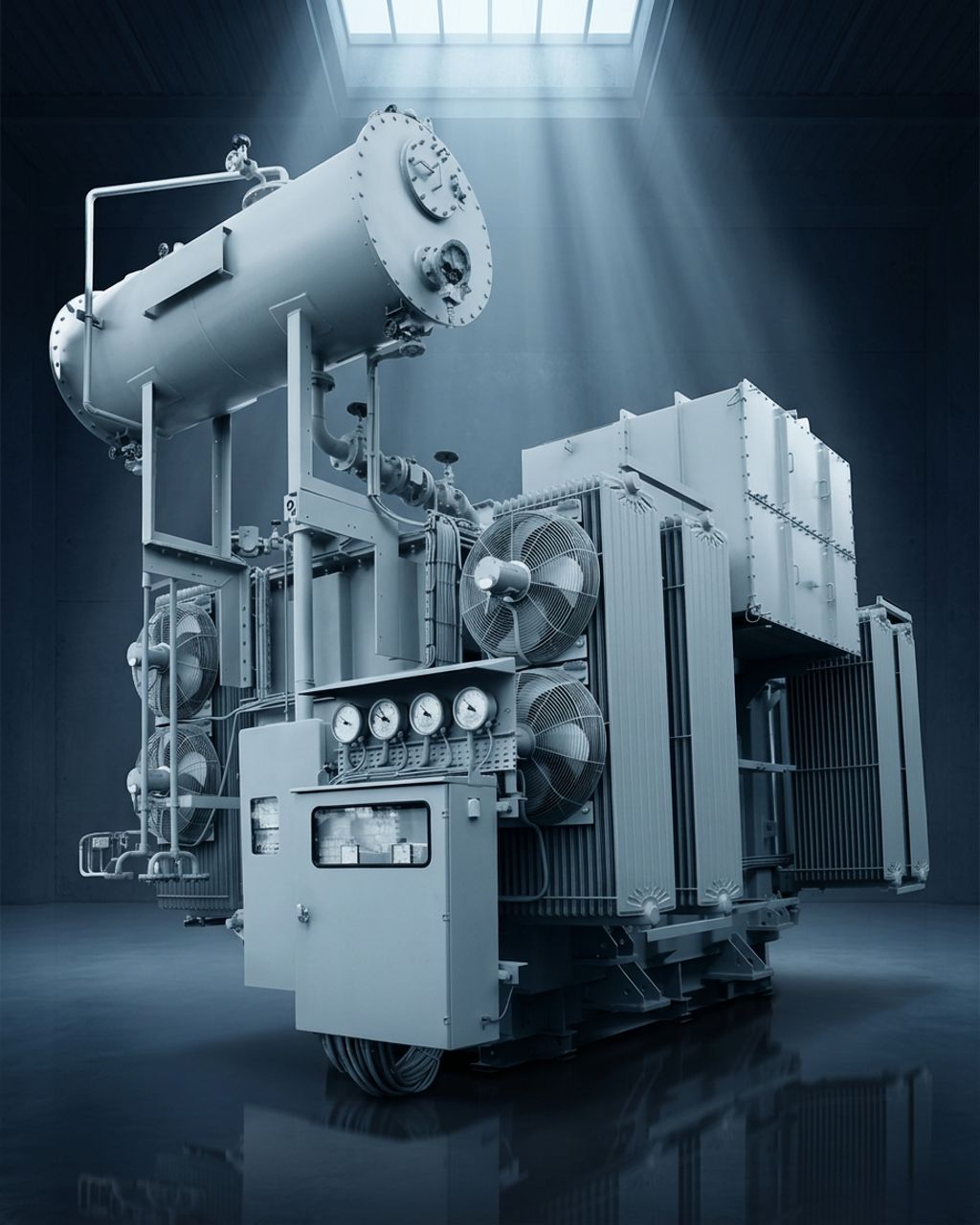 Medium power generator step-up transformer on a navy studio background