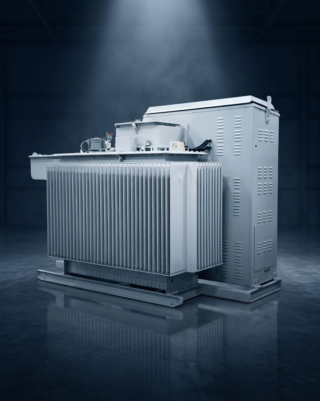 Package substation with integrated switchgear on a navy studio background